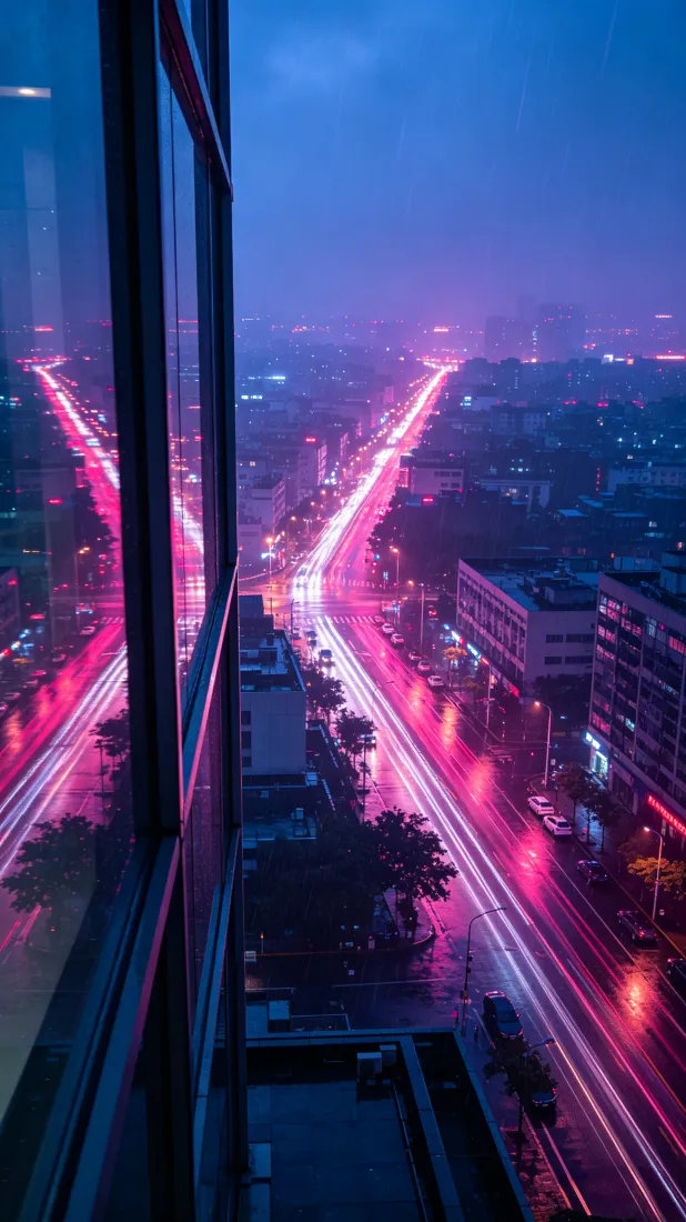 赛博朋克城市夜景｜霓虹车流背景图片 - 高楼俯瞰「哲风壁纸」