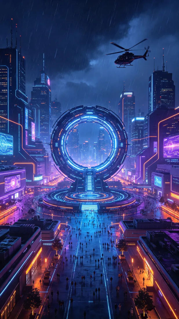 赛博朋克未来都市手机壁纸｜霓虹夜景背景图片 - 科幻城市环形建筑「哲风壁纸」