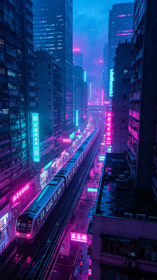 赛博朋克都市手机壁纸｜霓虹列车夜景背景图片 - 未来科技高楼街景「哲风壁纸」