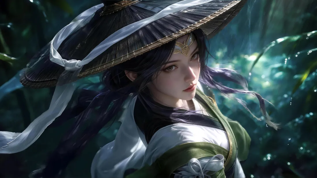 4k武侠女侠壁纸｜古风江湖背景图片 - 斗笠绿衣林间「哲风壁纸」