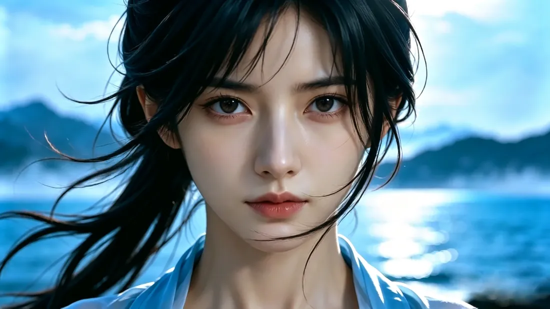 3k武侠美女壁纸｜海边人像背景图片 - 蓝衬衫马尾清冷氛围感「哲风壁纸」