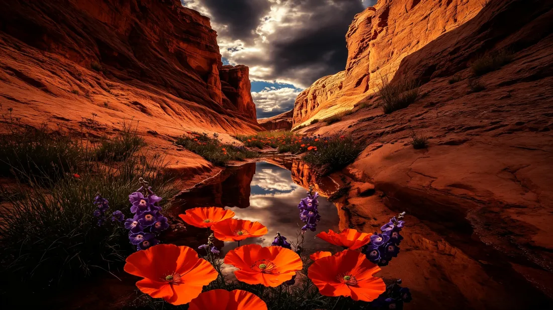 3k红岩石峡谷壁纸｜溪流野花背景图片 - 丹霞峡谷风光「哲风壁纸」