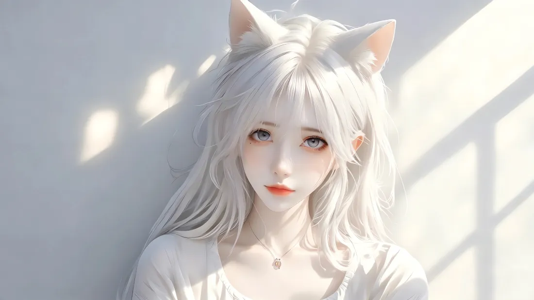 2k阿狸壁纸｜光影背景图片 - 白发猫耳少女温柔形象「哲风壁纸」