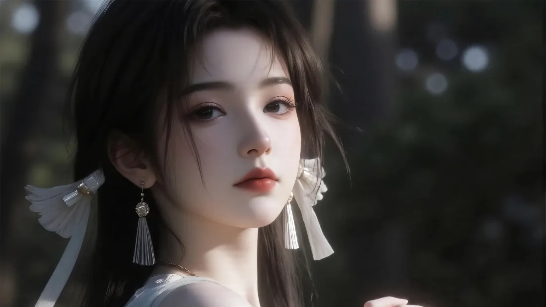 2k古风少女壁纸｜林间背景图片 - 黑发白饰流苏耳坠清冷人像「哲风壁纸」