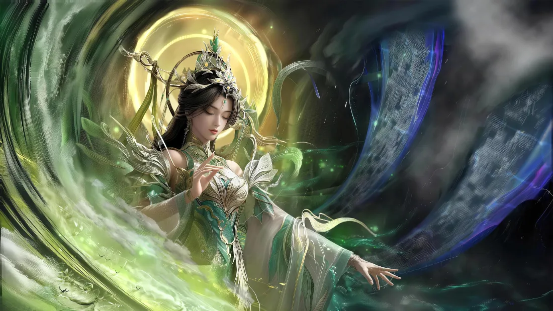 2k柳神壁纸｜完美世界背景图片 - 绿衣仙王神性光晕玄幻古风「哲风壁纸」