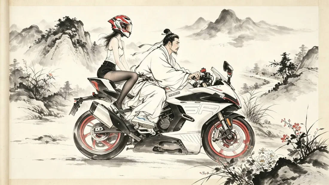 3k水墨国风古人｜骑摩托山水背景图片 - 搞怪创意混搭插画「哲风壁纸」