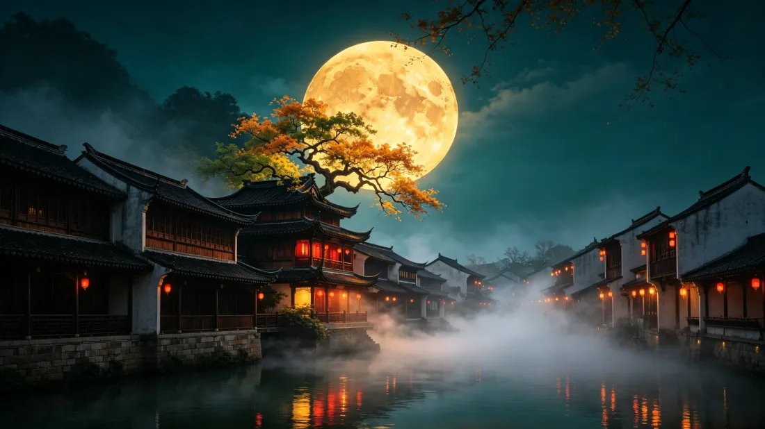 3k江南水乡壁纸｜月夜满月背景图片 - 红灯笼古建河道夜景「哲风壁纸」