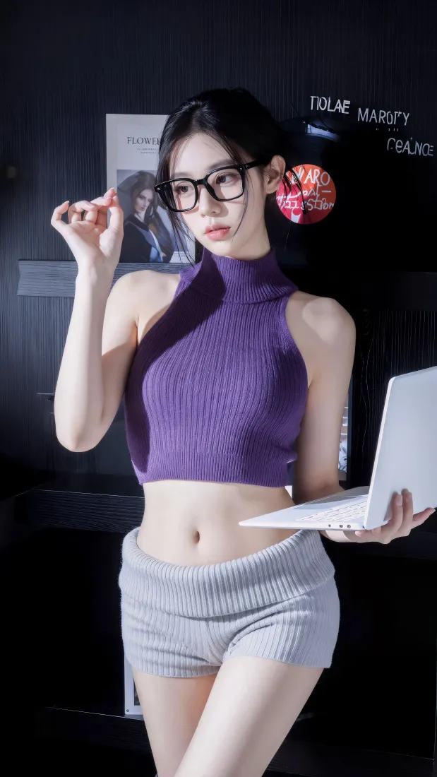 紫背心美女手机壁纸｜黑框眼镜背景图片 - 御姐辣妹「哲风壁纸」