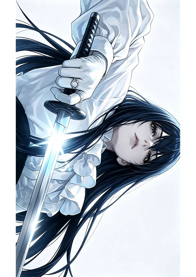 黑长直少女手机壁纸｜白衬衫持武士刀背景图片 - 冷艳二次元人物「哲风壁纸」