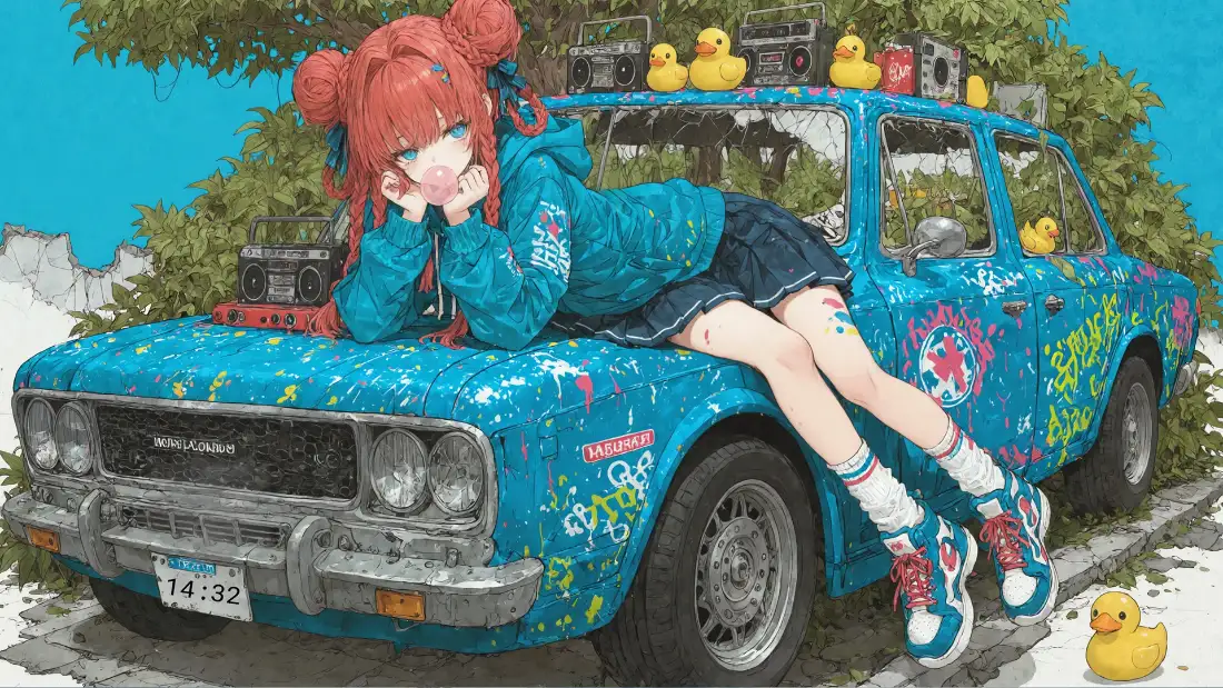 2k红发双丸子少女壁纸｜蓝色汽车背景图片 - 小黄鸭户外插画「哲风壁纸」