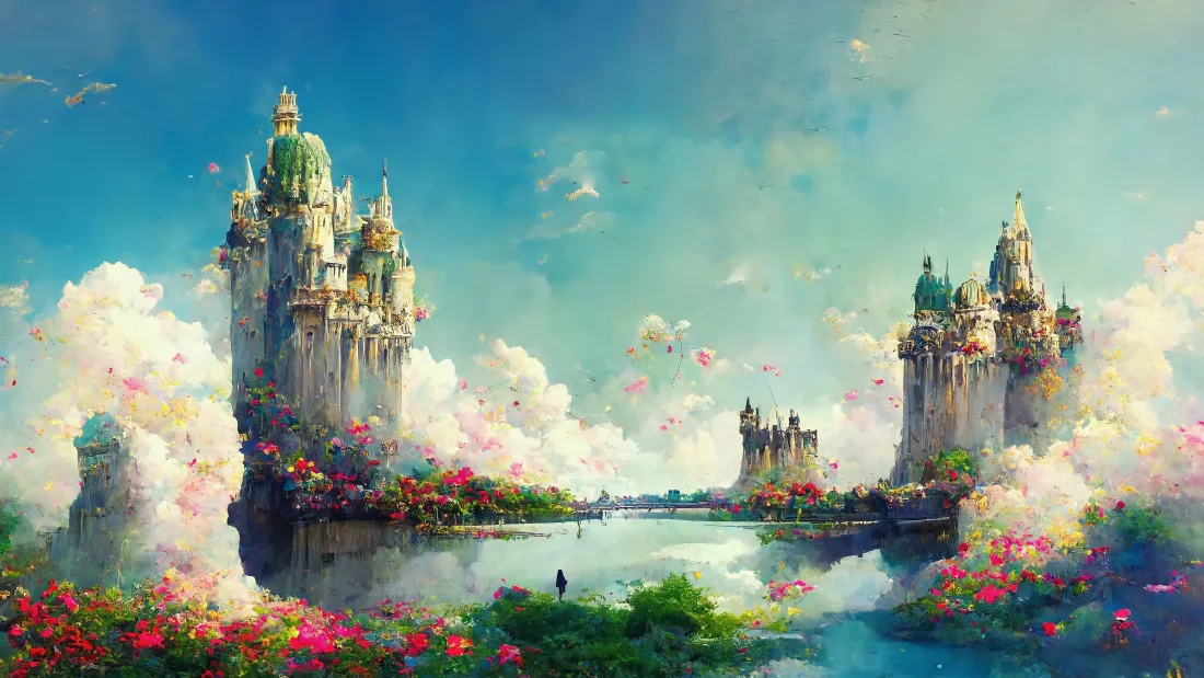 4k童话城堡壁纸｜花海河畔背景图片 - 晴空梦幻风景「哲风壁纸」