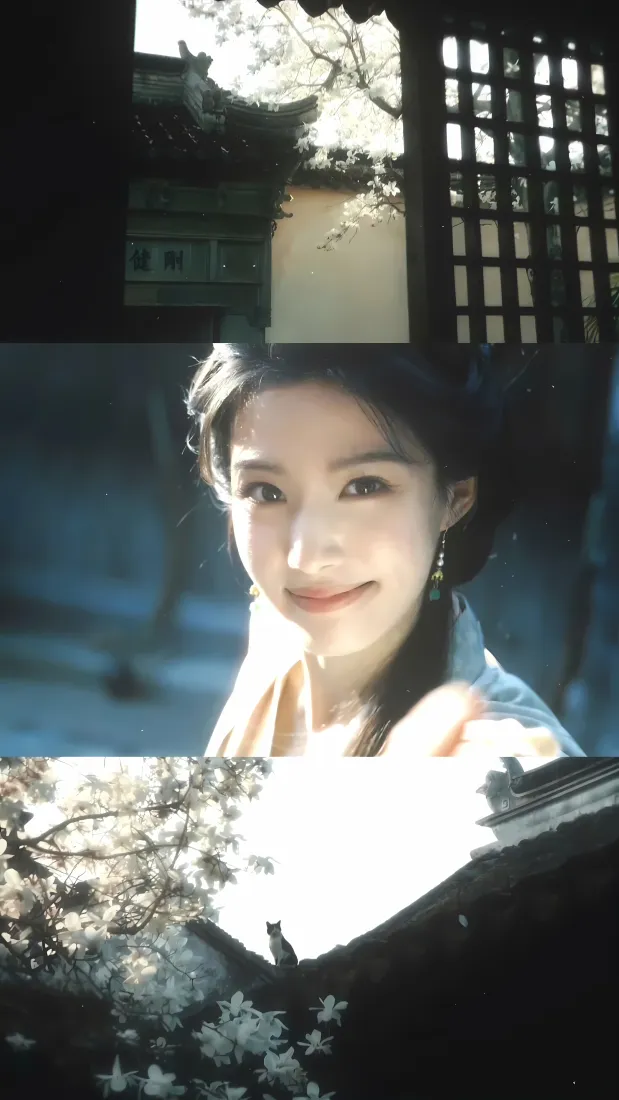 古风蓝衣美女｜梨花古窗背景图片 - 温婉回眸浅笑「哲风壁纸」