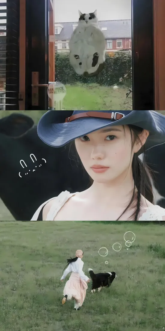 戴帽美女手机壁纸｜户外草地背景图片 - 拼接风格人像「哲风壁纸」