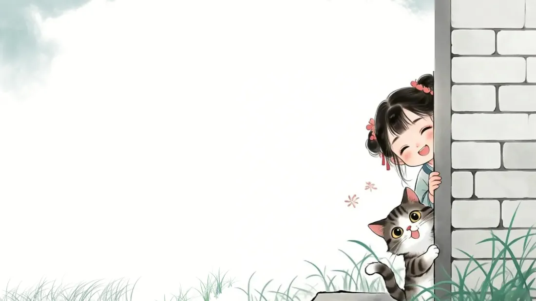 2kQ版古风小女孩壁纸｜躲猫猫背景图片 - 可爱猫咪草地探出头「哲风壁纸」
