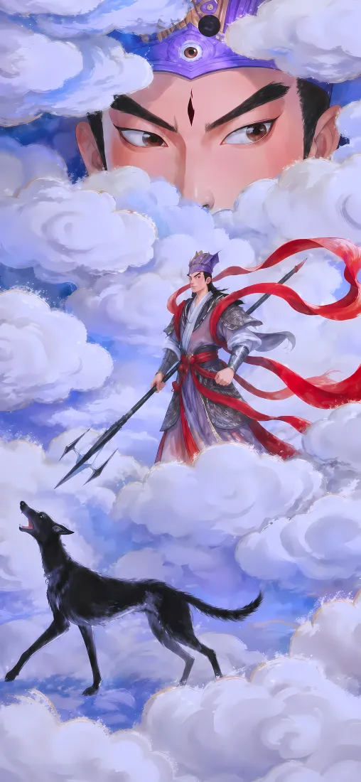杨戬哮天犬手机壁纸｜云海云端背景图片 - 神话人物古风插画「哲风壁纸」