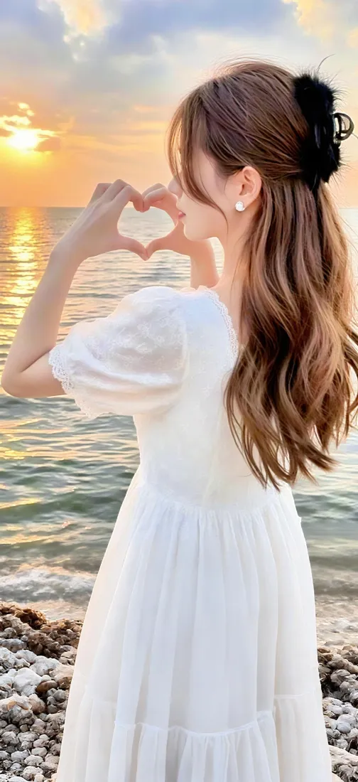 海边美女手机壁纸｜日落背景图片 - 白衣长裙比心好身材「哲风壁纸」