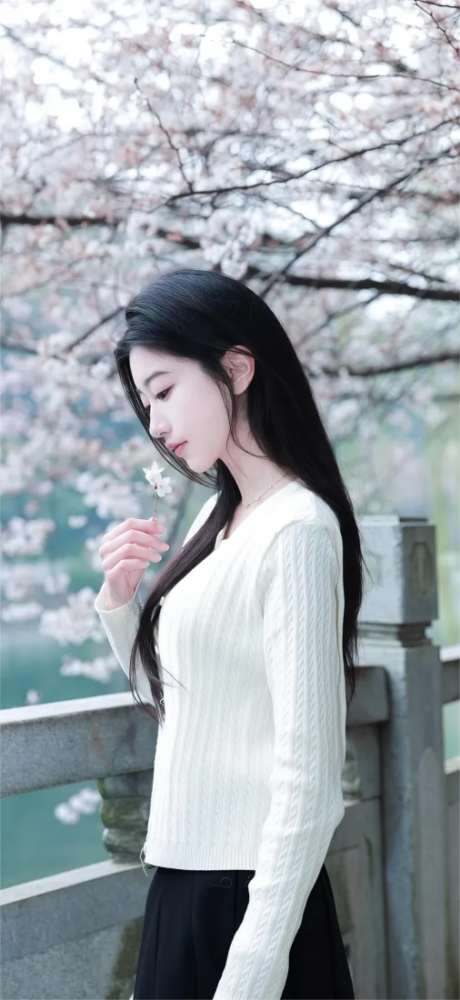樱花美女手机壁纸｜湖畔背景图片 - 白衣黑裙侧颜温柔「哲风壁纸」