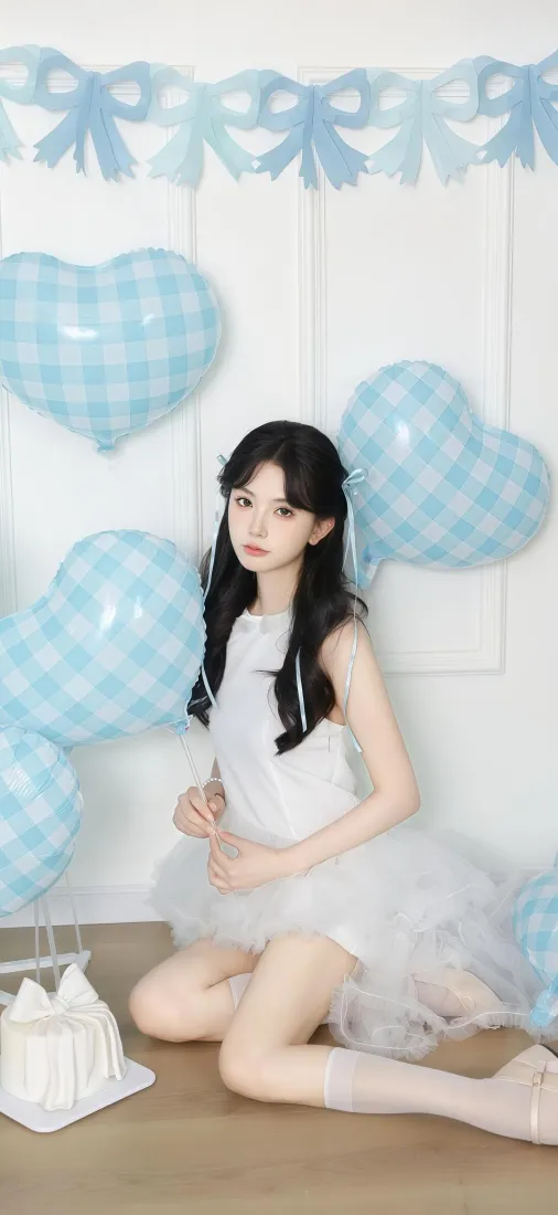 白裙少女手机壁纸｜蓝色爱心气球背景图片 - 生日写真「哲风壁纸」