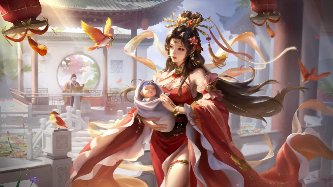 4k三国杀甘夫人壁纸｜古风庭院背景图片 - 抱婴红衣仕女「哲风壁纸」