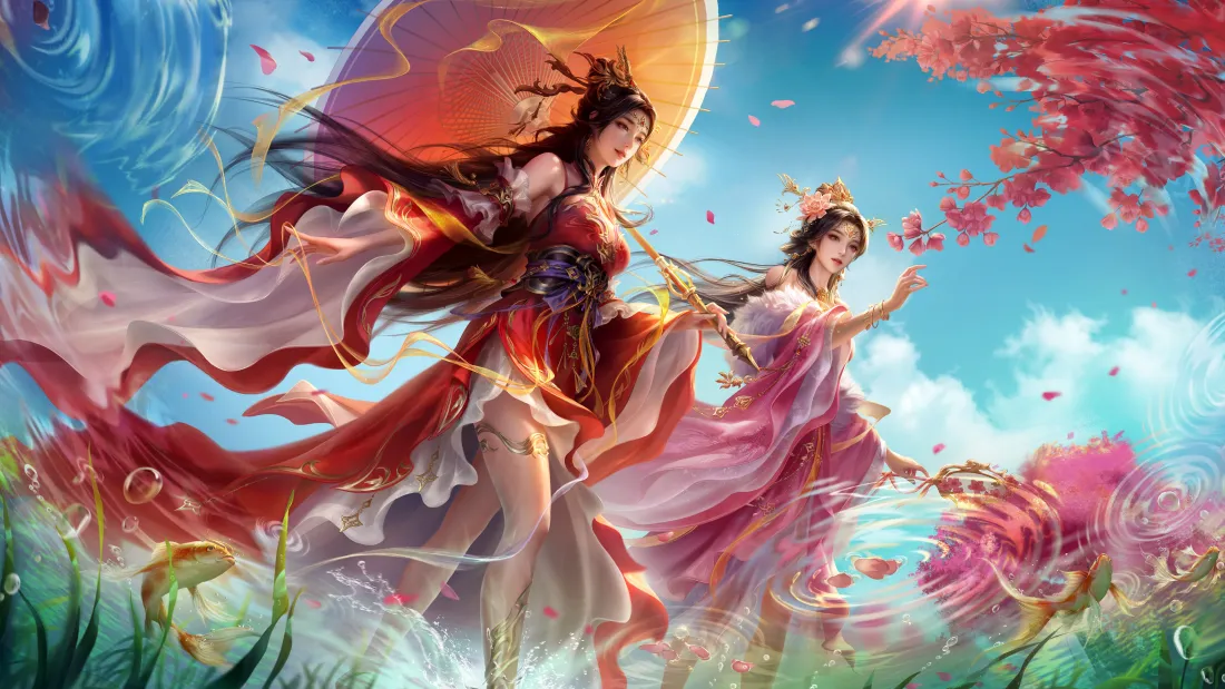 4k三国杀甘夫人糜夫人壁纸｜红粉古装背景图片 - 花下持伞双姝「哲风壁纸」