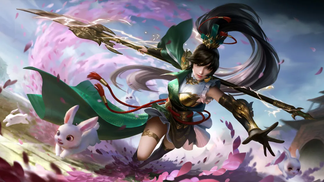 4k三国杀关银屏壁纸｜桃花白兔背景图片 - 武继先人持刀古风「哲风壁纸」