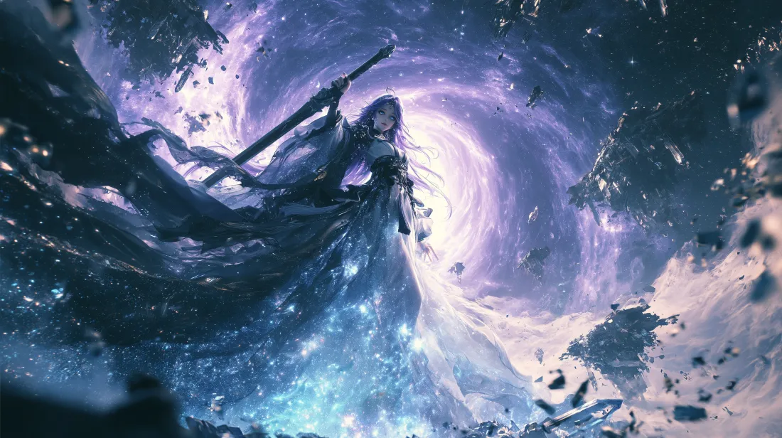 3k剑客壁纸｜国漫星空背景图片 - 黑衣持剑紫蓝氛围「哲风壁纸」