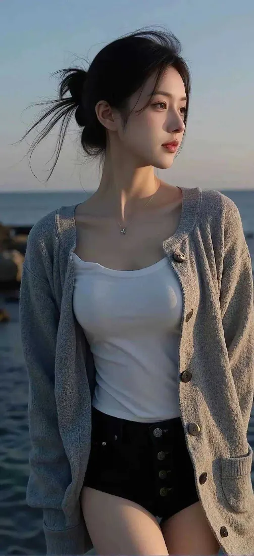 海边美女手机壁纸｜傍晚海边背景图片 - 休闲穿搭氛围感女生「哲风壁纸」