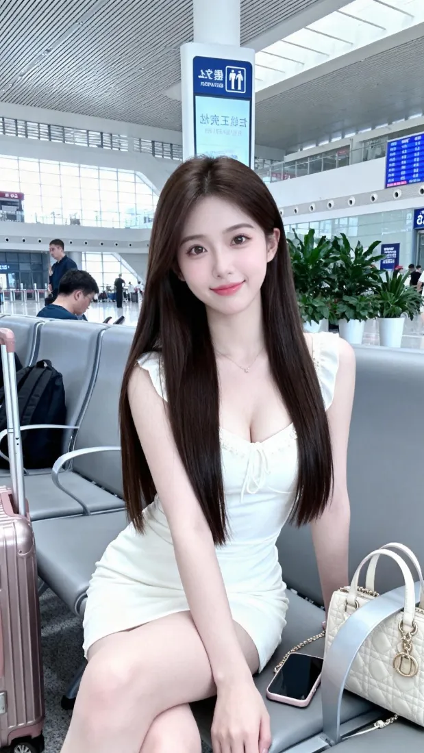 白裙美女手机壁纸｜高铁站候车背景图片 - 黑长直气质穿搭「哲风壁纸」