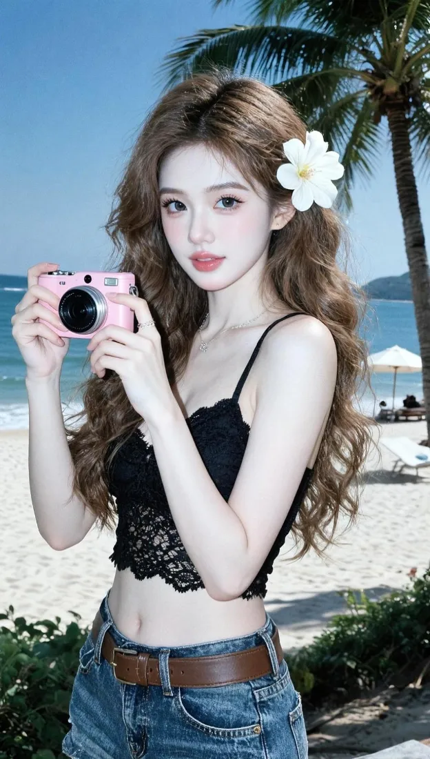 海边美女手机壁纸｜度假风背景图片 - 吊带牛仔裤手持相机「哲风壁纸」