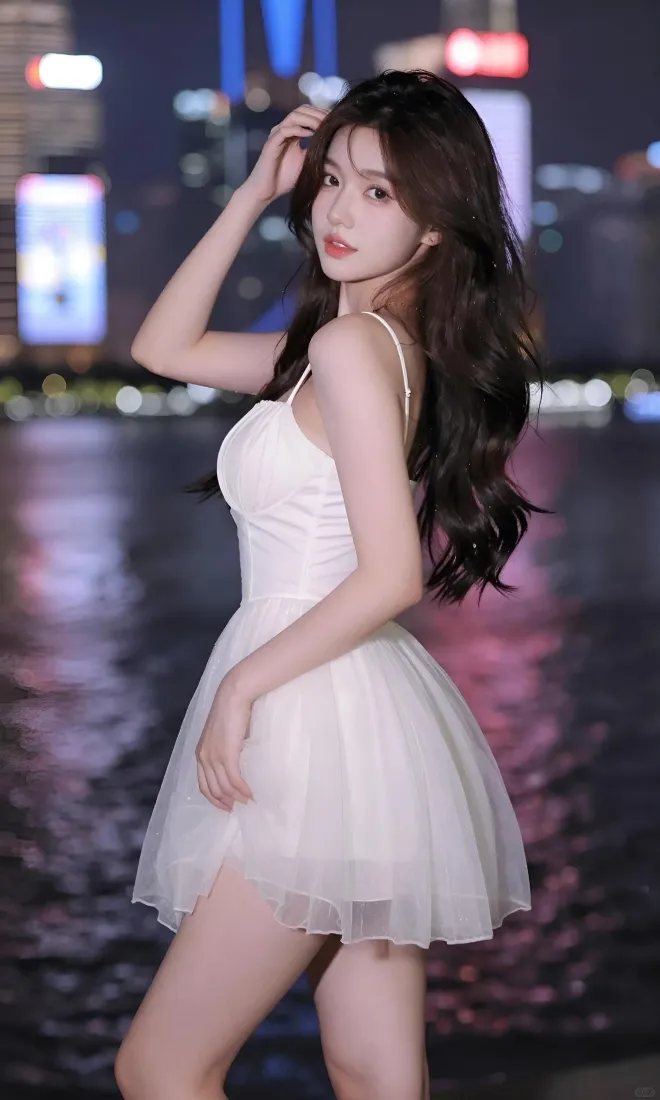 白裙美女｜城市夜景背景图片 - 江边吊带短裙写真「哲风壁纸」