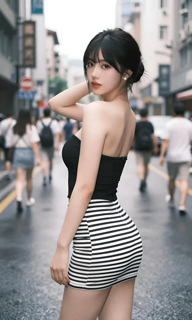 街拍美女手机壁纸｜城市街头背景图片 - 抹胸包臀裙穿搭「哲风壁纸」