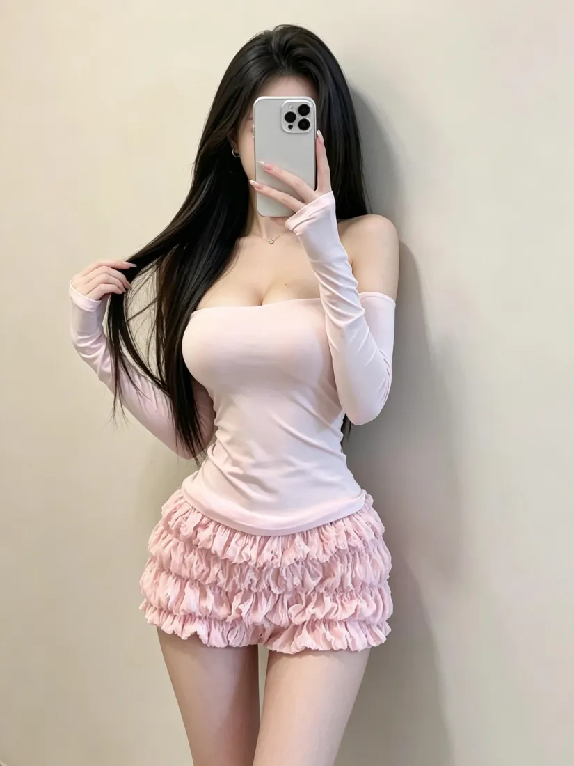 粉衣美女手机壁纸｜对镜自拍背景图片 - 纯欲辣妹穿搭「哲风壁纸」