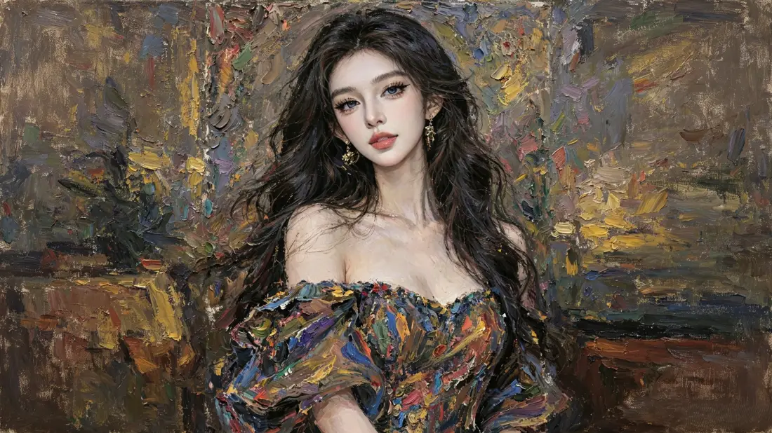 3k油画风美女壁纸｜露肩彩裙背景图片 - 厚涂人像「哲风壁纸」
