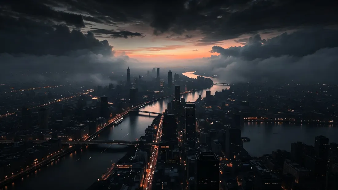 3k城市江景｜暴雨前夕乌云黄昏背景图片 - 暗调车流城市天际线「哲风壁纸」