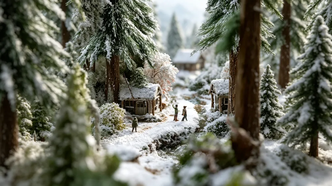 3k雪景松林木屋｜微缩模型背景图片 - 冬日林间雪路治愈场景「哲风壁纸」