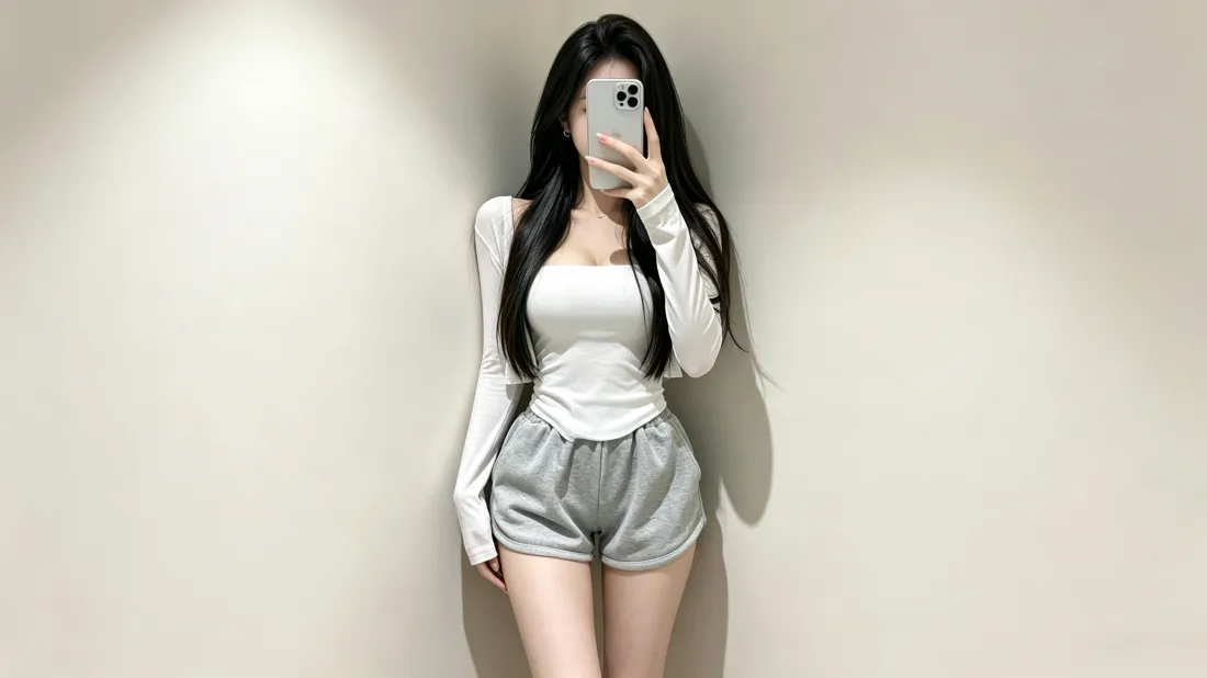 3k白上衣灰短裤美女壁纸｜对镜自拍背景图片 - 好身材穿搭「哲风壁纸」