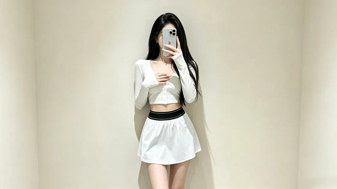 3k白衣美女壁纸｜对镜自拍背景图片 - 短裙穿搭「哲风壁纸」