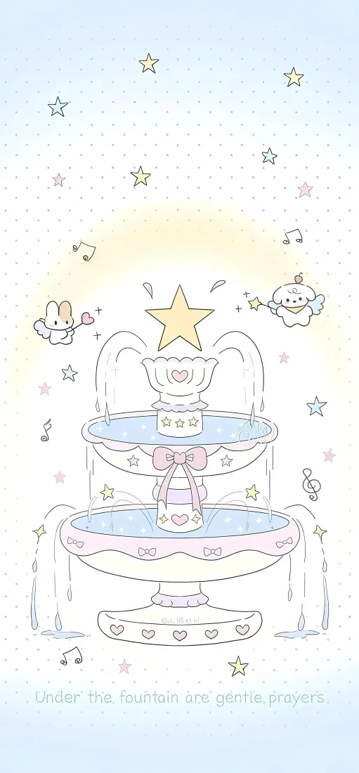 卡通许愿喷泉手机壁纸｜淡彩可爱背景图片 - 小动物星星治愈插画「哲风壁纸」