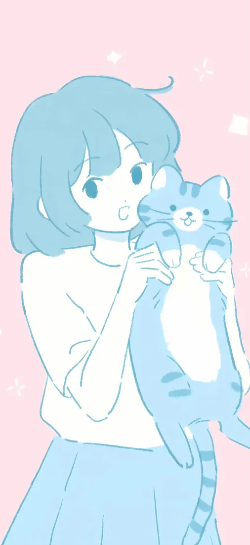 女孩抱猫手机壁纸｜粉蓝可爱背景图片 - 治愈插画「哲风壁纸」