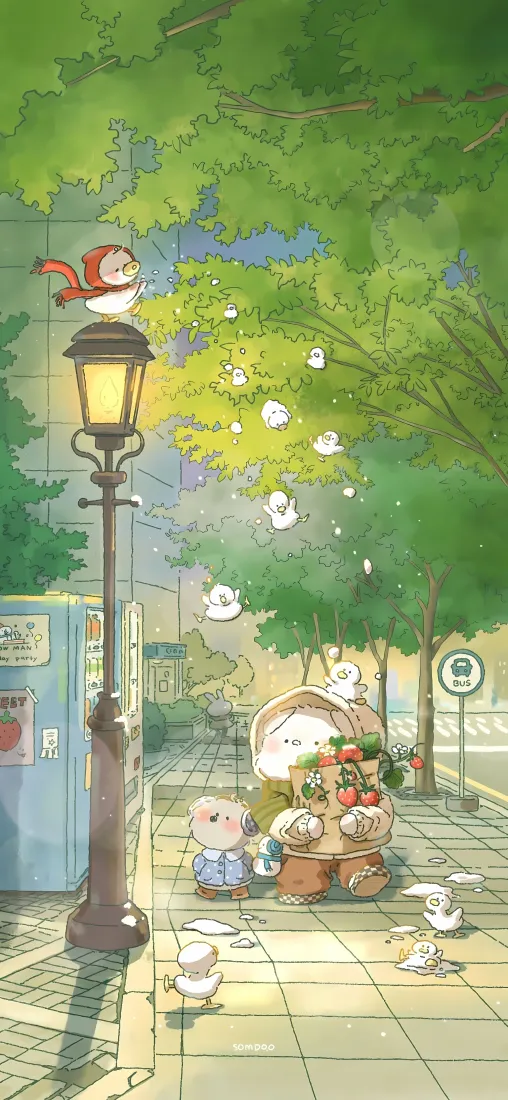 可爱卡通角色手机壁纸｜街边街景背景图片 - 绿树路灯草莓治愈插画「哲风壁纸」