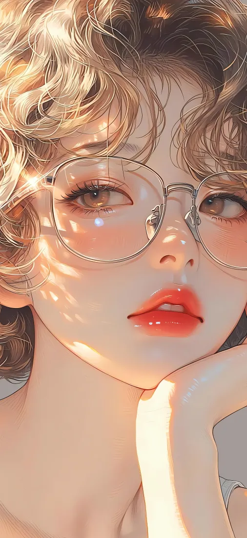 卷发眼镜少女手机壁纸｜暖光光影背景图片 - 红唇人像插画「哲风壁纸」