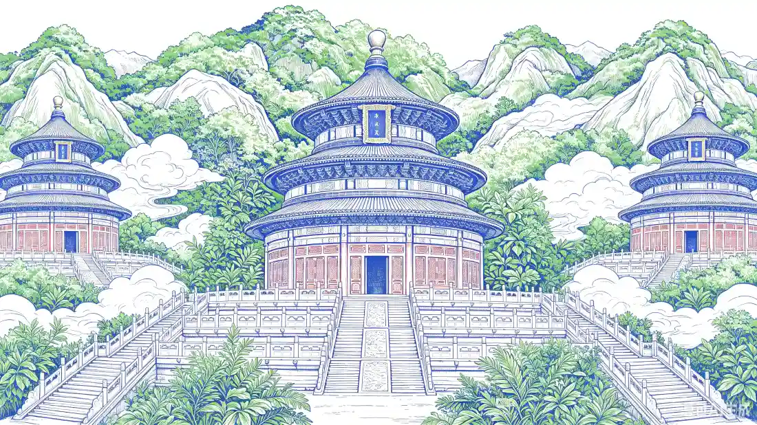 3k天坛建筑壁纸｜山林云雾背景图片 - 清新手绘国风场景「哲风壁纸」