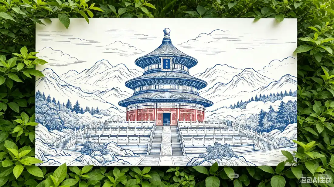 3k天坛祈年殿壁纸｜国风线描背景图片 - 山水古建手绘「哲风壁纸」