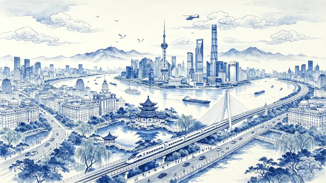 3k上海城市风光｜青花水墨背景图片 - 黄浦江陆家嘴全景「哲风壁纸」