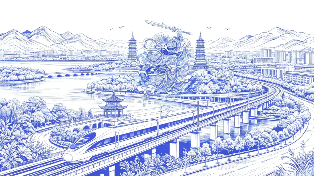 3k青花瓷风城市｜高铁古今交融背景图片 - 国风线描山水「哲风壁纸」