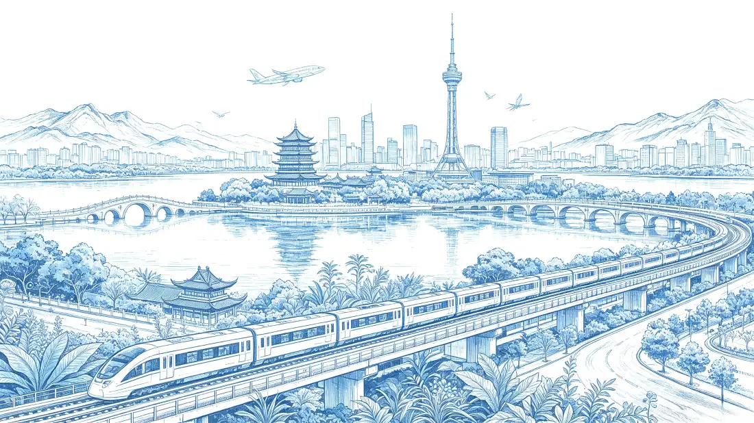 3k城市古今风貌壁纸｜湖景建筑背景图片 - 高铁古塔电视塔国风插画「哲风壁纸」