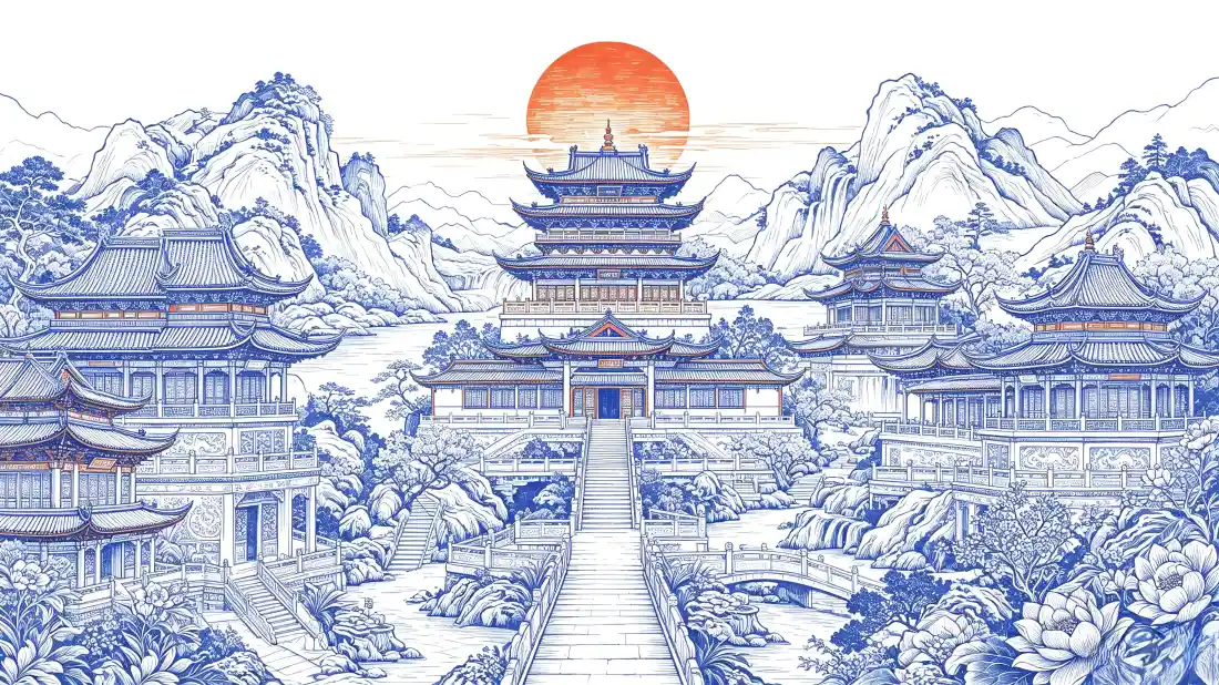 3k青花瓷风古建筑｜国风山水背景图片 - 楼阁红日青花纹样「哲风壁纸」