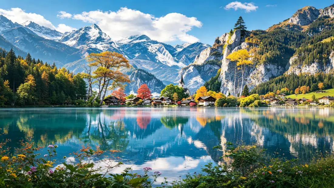 3k湖山秋景壁纸｜雪山湖泊背景图片 - 彩林倒影蓝天「哲风壁纸」