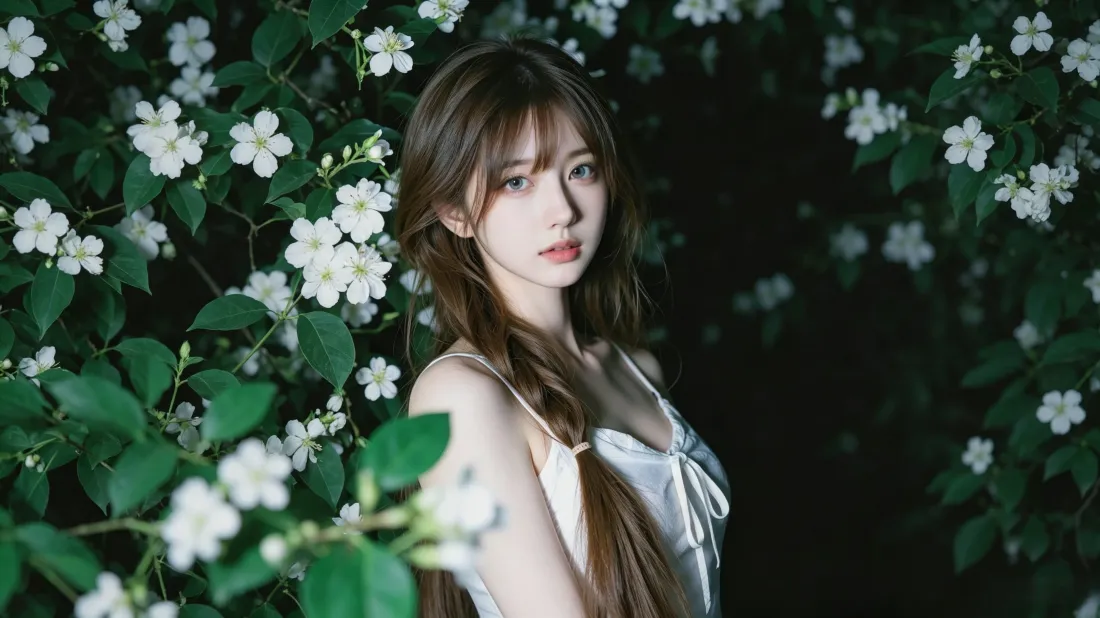 3k白衣美女壁纸｜白花绿叶背景图片 - 氛围感写真「哲风壁纸」
