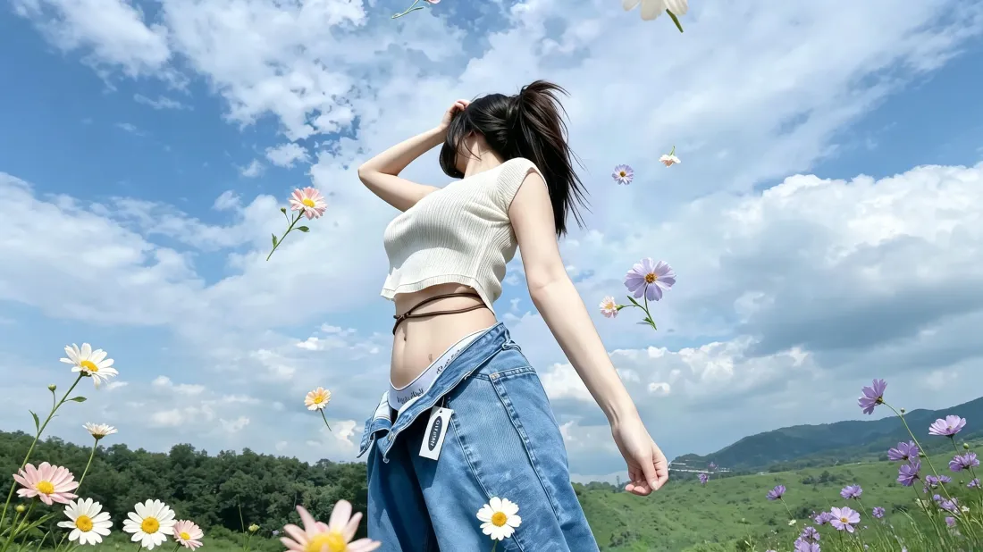 3k草地女生壁纸｜蓝天花海背景图片 - 清新户外人像「哲风壁纸」